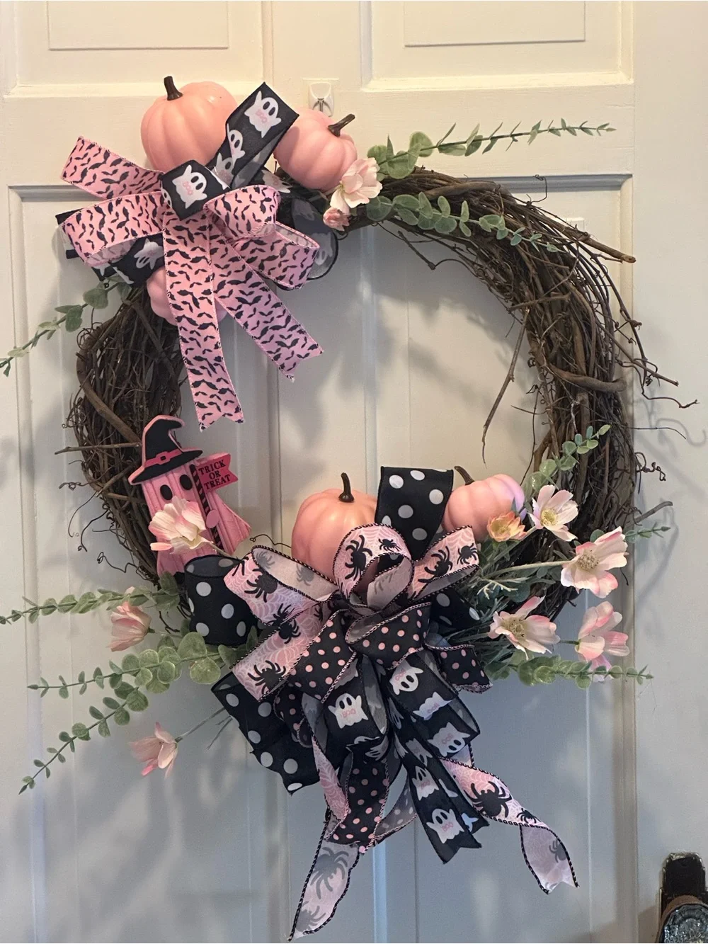 Pink Ghost & Pumpkin Halloween Wreath